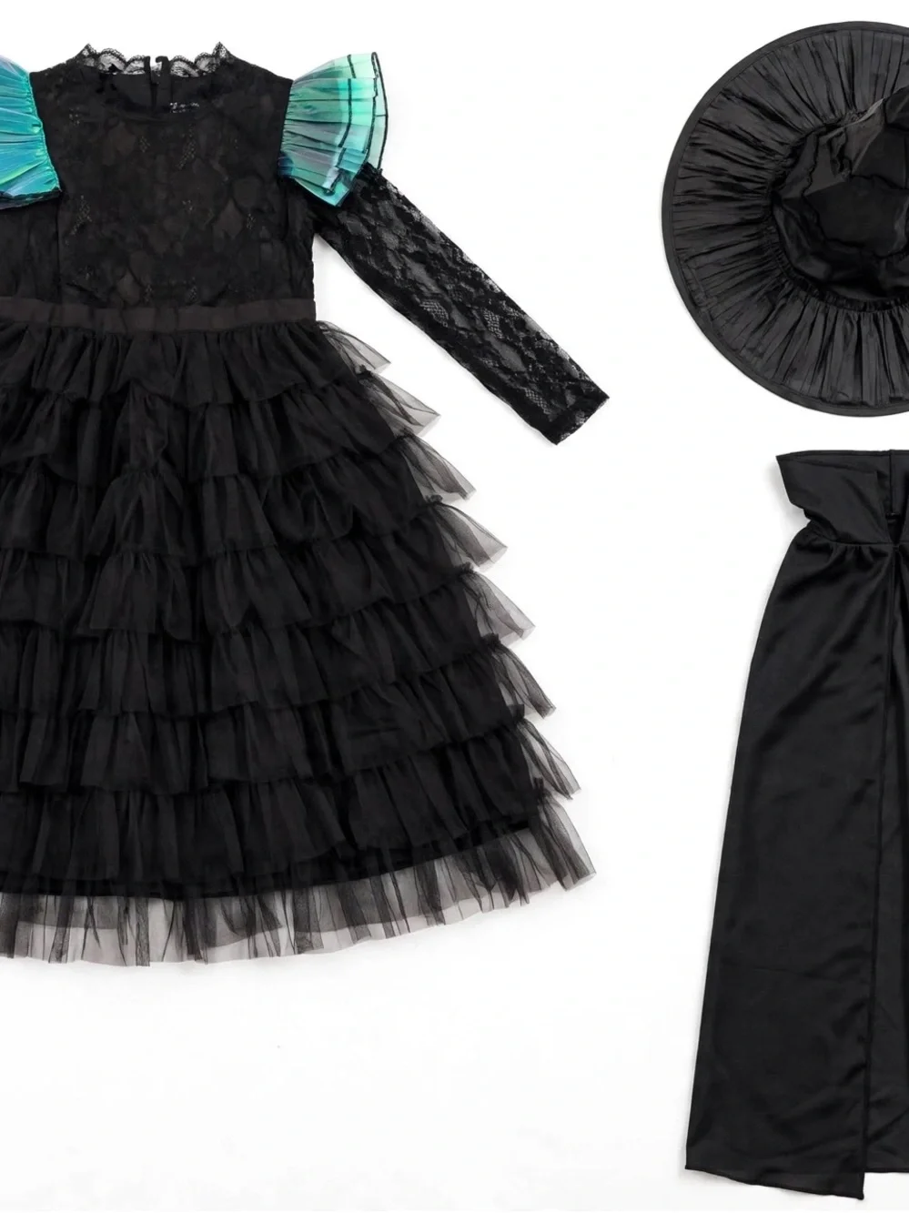 Black Ruffle Witch Costume Dress with Teal Accent Shoulders